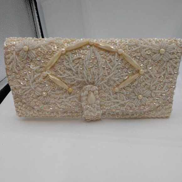 Vintage 60s Clutch/Purse Opalescent Beaded Sequin White Satin Handbag - Picture 1 of 6